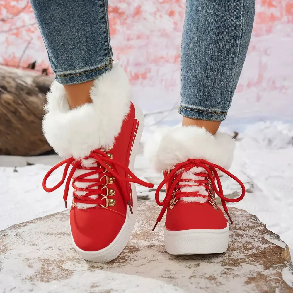 Refined Fuzzy Trim Lace-Up Ankle Boots