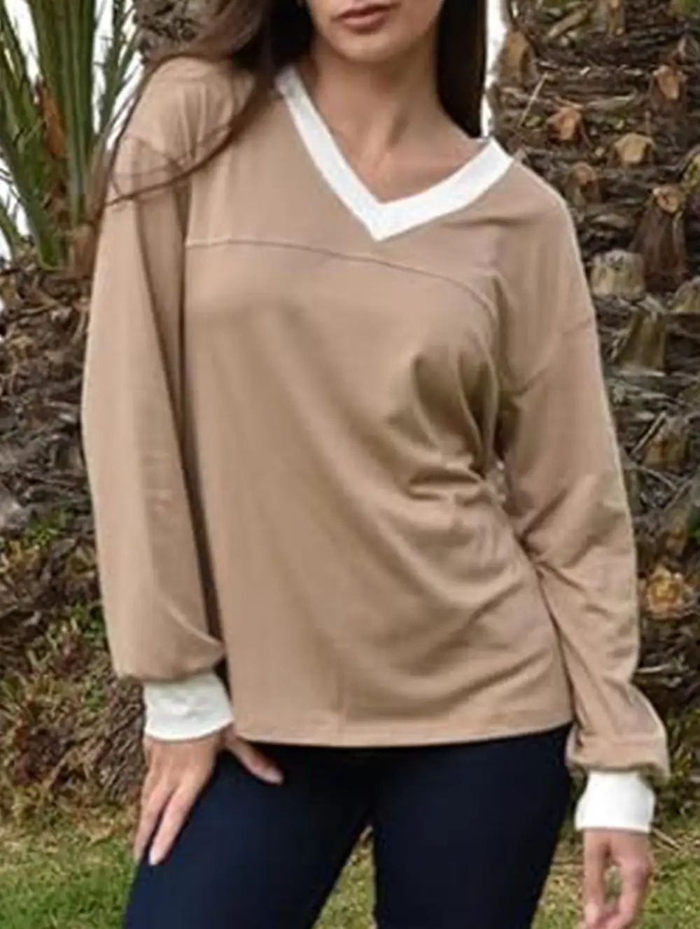 Contrast V Neck Loose Sweatshirt