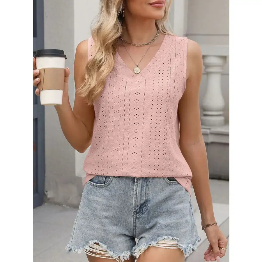 V Neck Eyelet Knit Camisole Tank Top