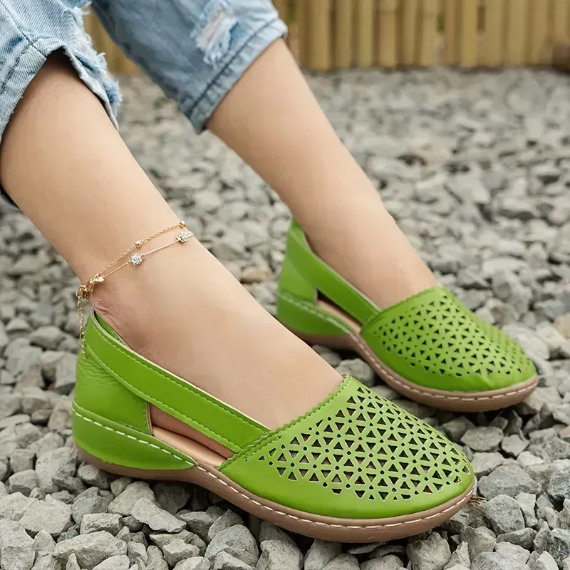 Women's Hollow Out Flat Sandals, Solid Color Cut-out Closed Toe Slip On Shoes, Casual Faux Leather Shoes