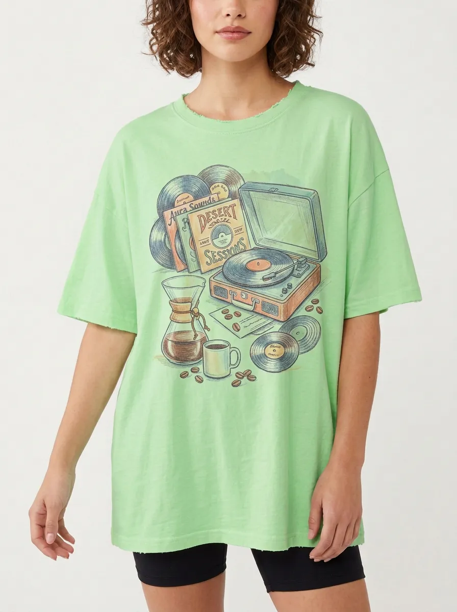 Women's Music Coffee-Inspired Vinyl Record Player Printed T-Shirt