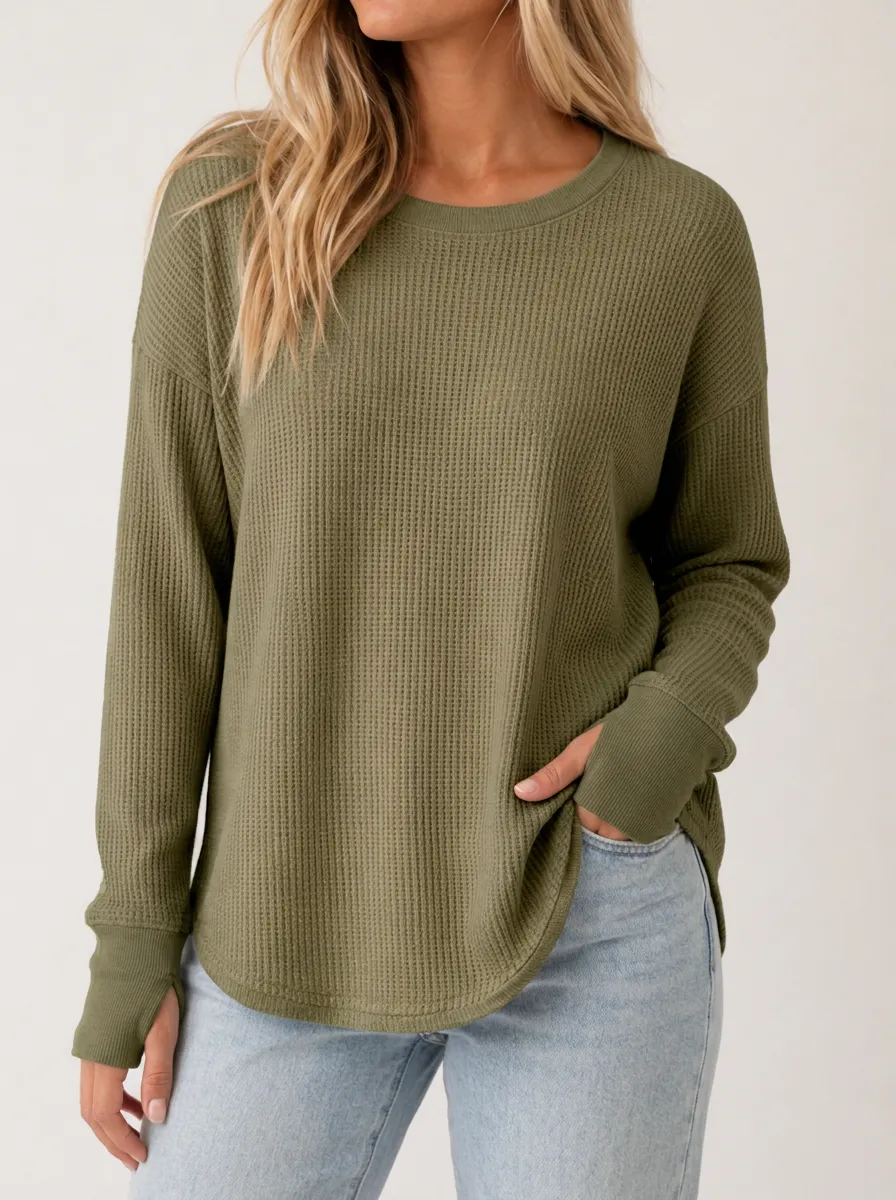 Women's Olive Green Waffle Knit Long Sleeve Thumbhole Top