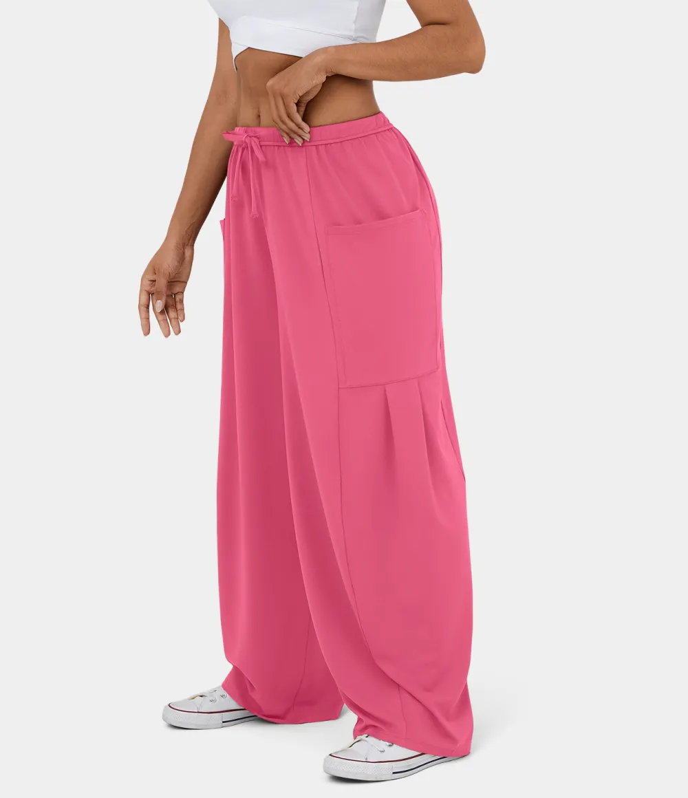 Mid Rise Elastic Waistband Drawstring Side Pocket Palazzo Flowy Wide Leg Casual Pants