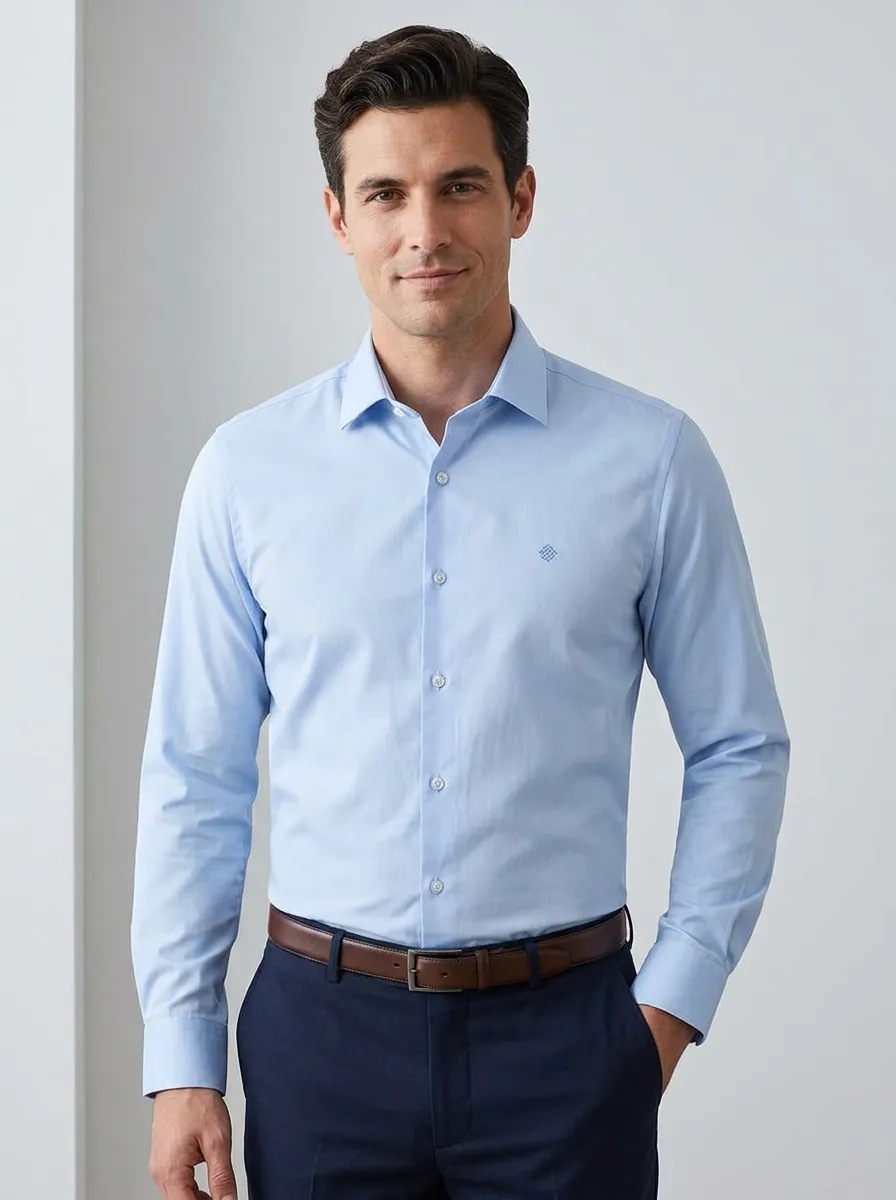 Men's Non-Iron Cotton Light Blue Embroidered Logo Dress Shirt