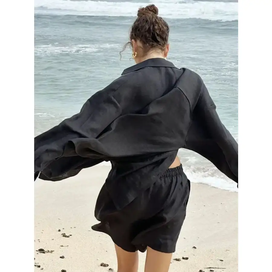 Button Up Long Sleeve Shirt and Shorts Set