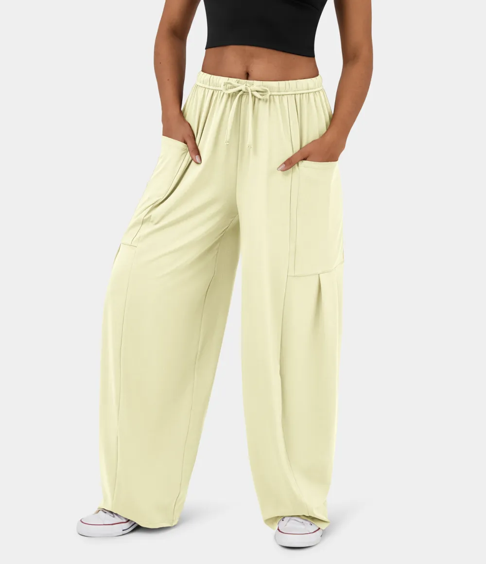 Mid Rise Elastic Waistband Drawstring Side Pocket Palazzo Flowy Wide Leg Casual Pants