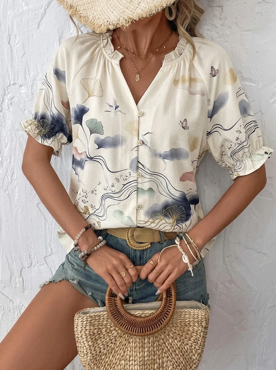 Women's Oriental Art Ginkgo Butterfly Printed V-Neck Blouse