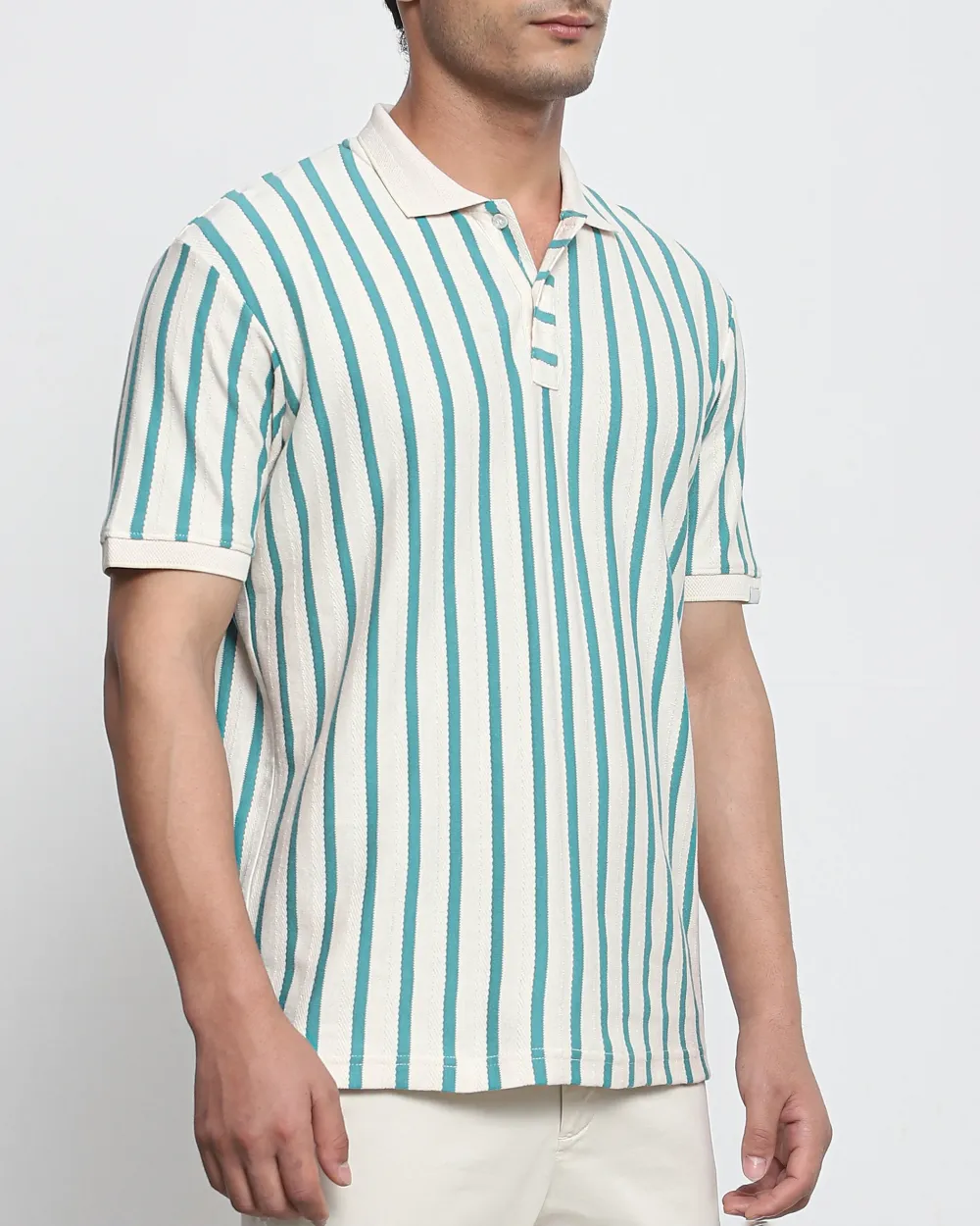 Teal Striped Textured Polo Shirt