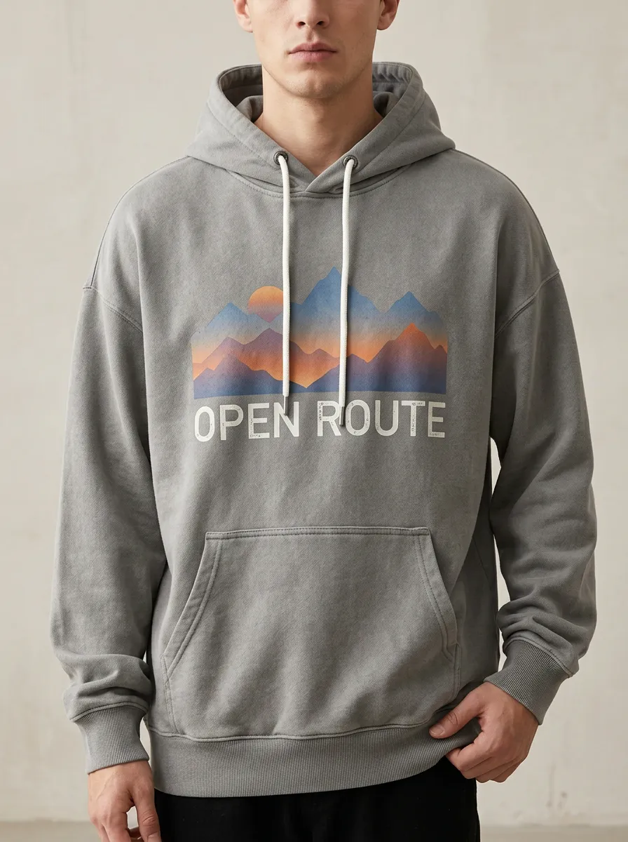 Men's Everyday Outdoor Adventure Open Route Mountain Sunset Print Hoodie