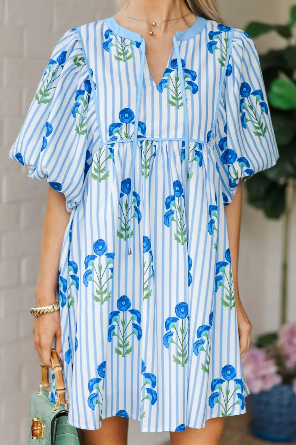 Drape Floral Striped Split Neck Mini Dress