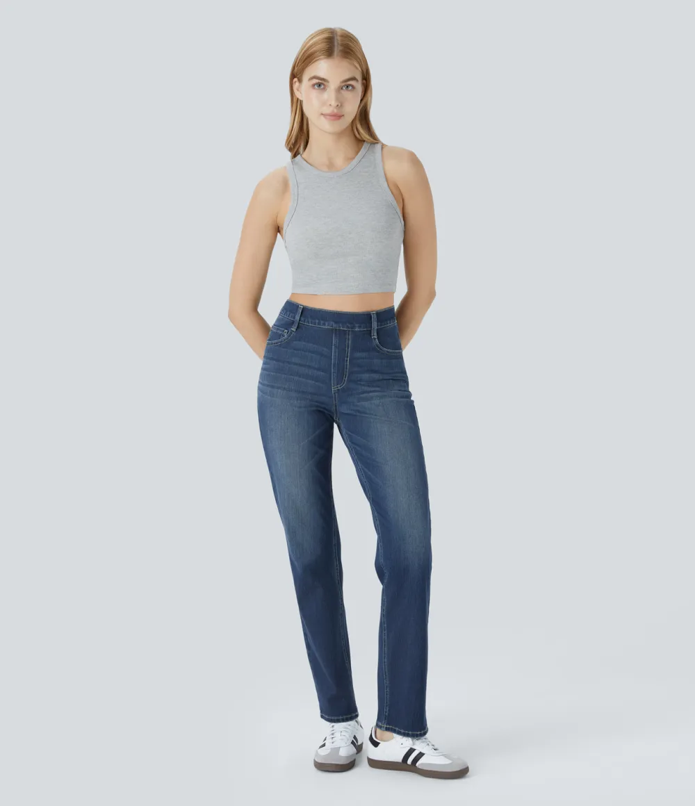 Magic High Waisted Multiple Pockets Straight Leg Washed Stretchy Knit Casual Jeans