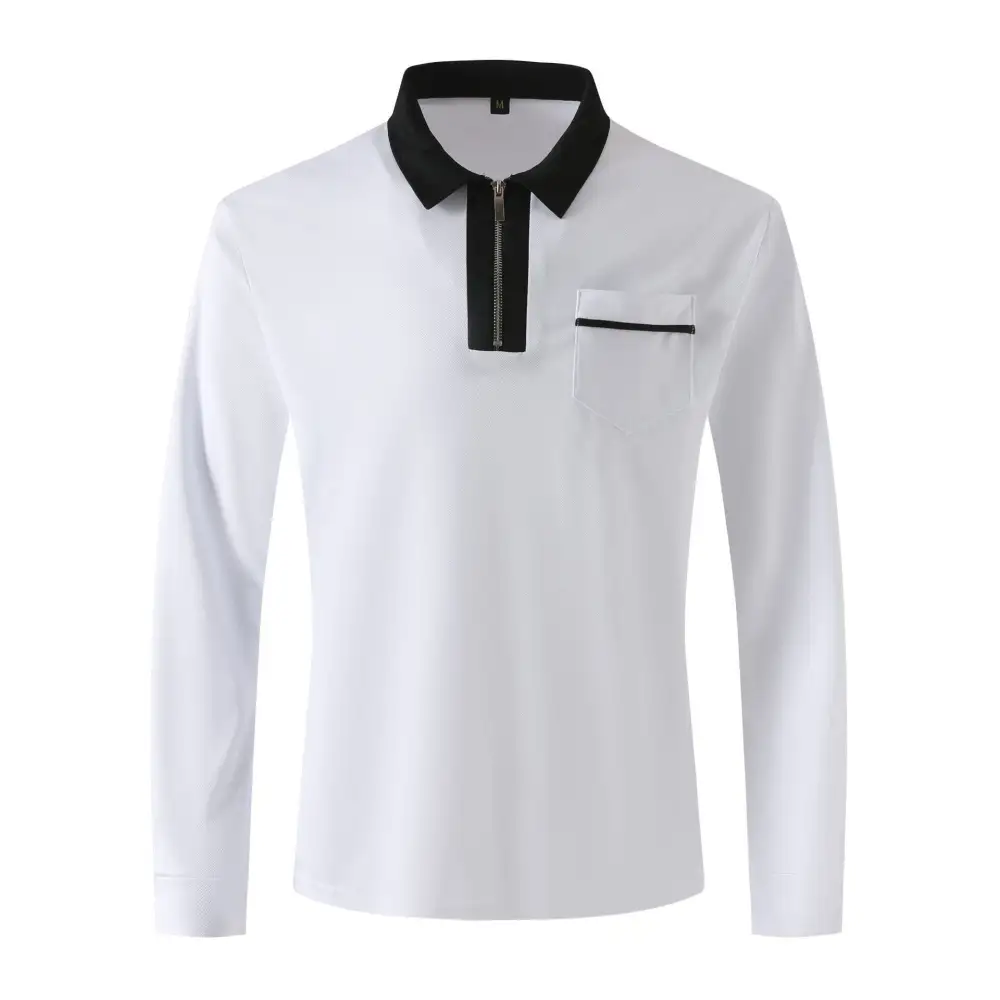 Stand Collar Chest Pocket Long Sleeve Polo Shirt