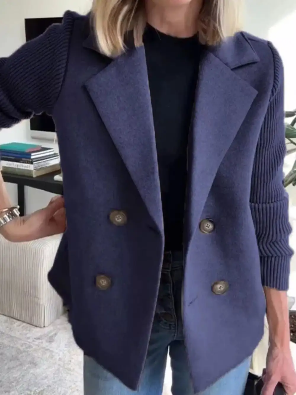 Full Size Knit Sleeve Double-breasted Outerwear Plus Size