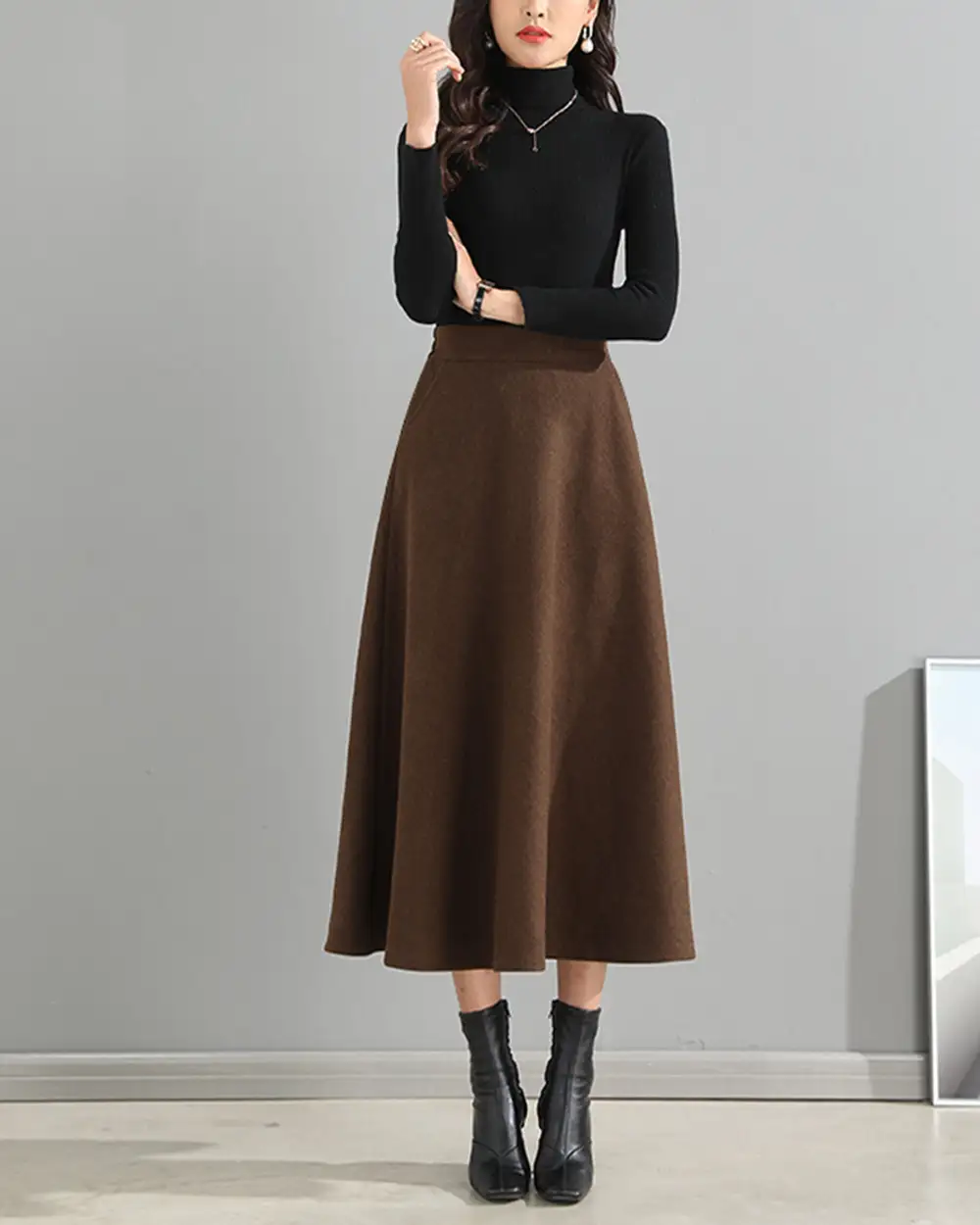 Pocketed Wool A Line Maxi Skirt