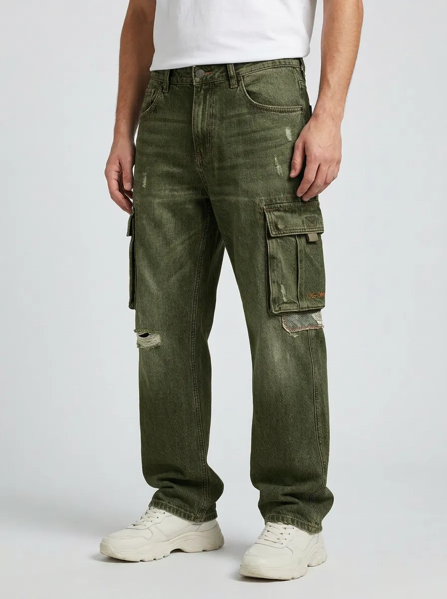 Men's Distressed Denim Cargo Jeans with Side Pockets