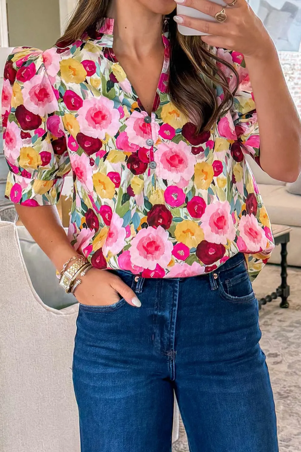 Pink Floral Frilled V Neck Blouse