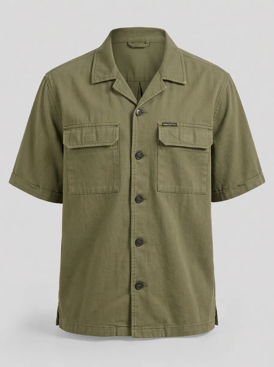 Men's Olive Utility Short-Sleeve Camp Collar Shirt
