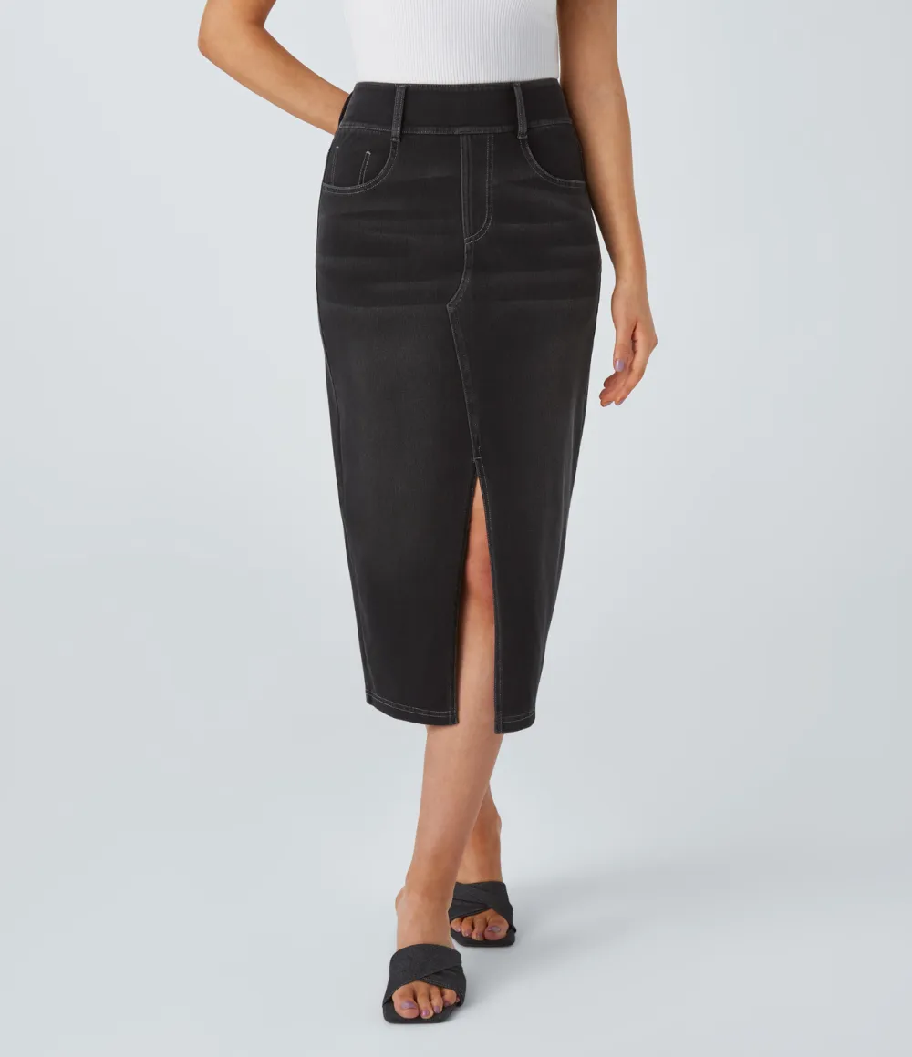 Magic High Waisted Multiple Pockets Bodycon Split Washed Stretchy Knit Denim Casual Midi Skirt