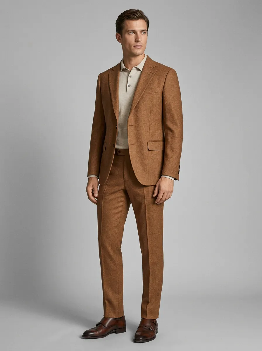 Men's Business Formal Brown Wool Blend Tailored Suit Set