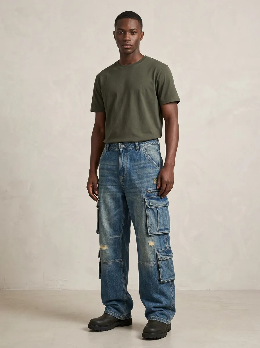 Men's Mid-Blue Distressed Mid Blue Reinforced Knee Cargo Pants