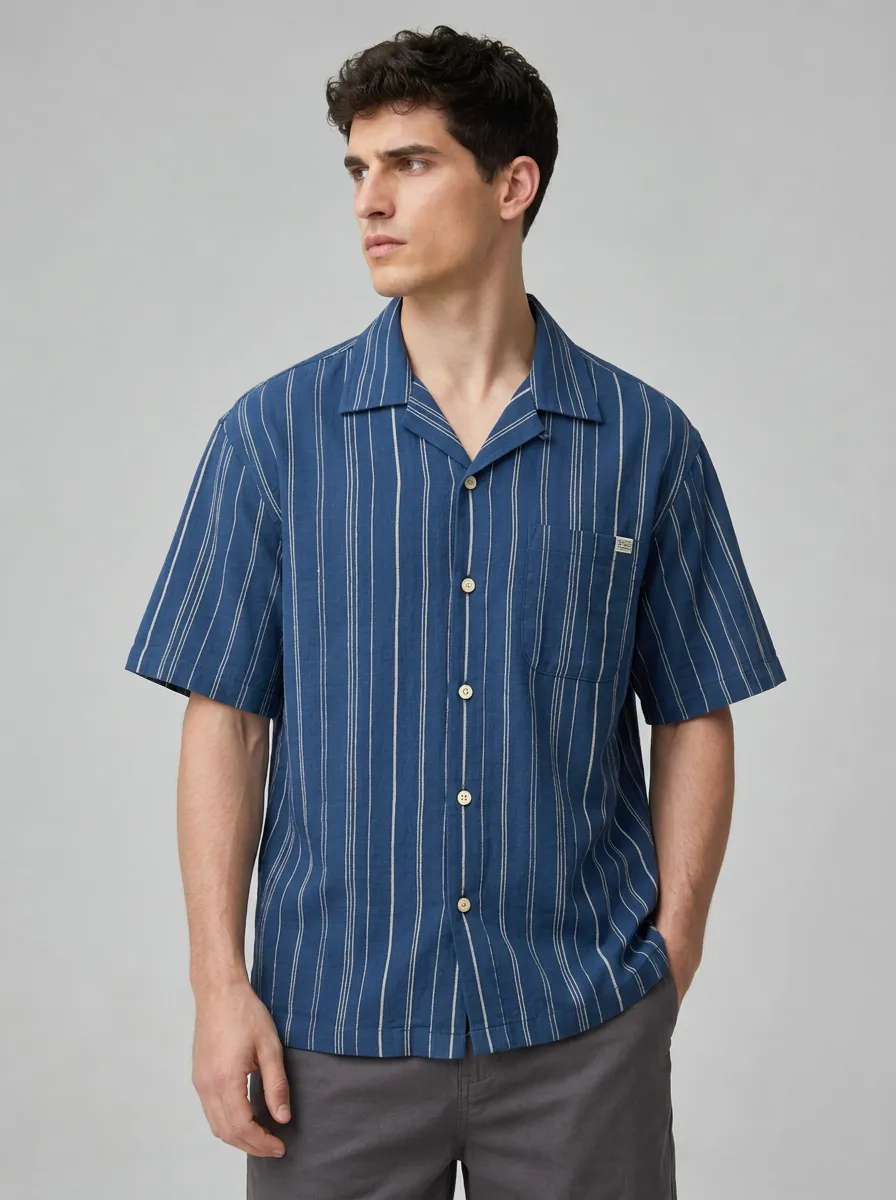 Men's Casual Summer Blue Vertical Striped Printed Shirt