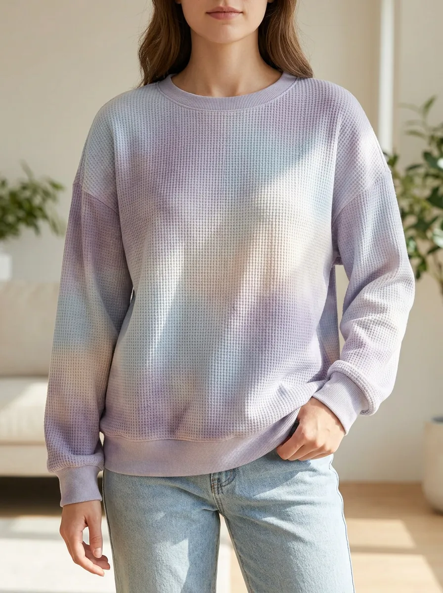 Women's Tie Dye Long-Sleeve Waffle Knit Crewneck Sweatshirt