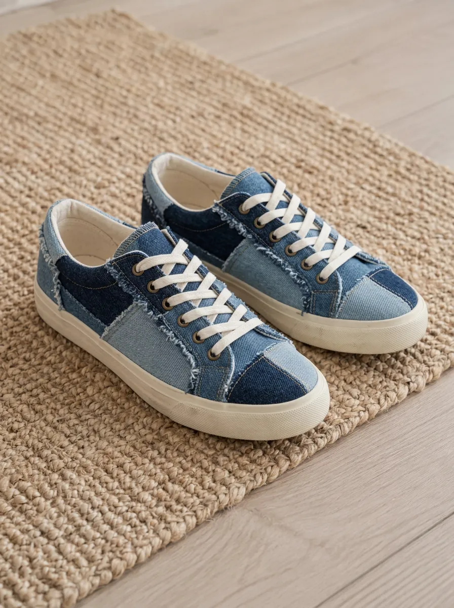 Women's Denim Patchwork Frayed Edge Printed Sneakers