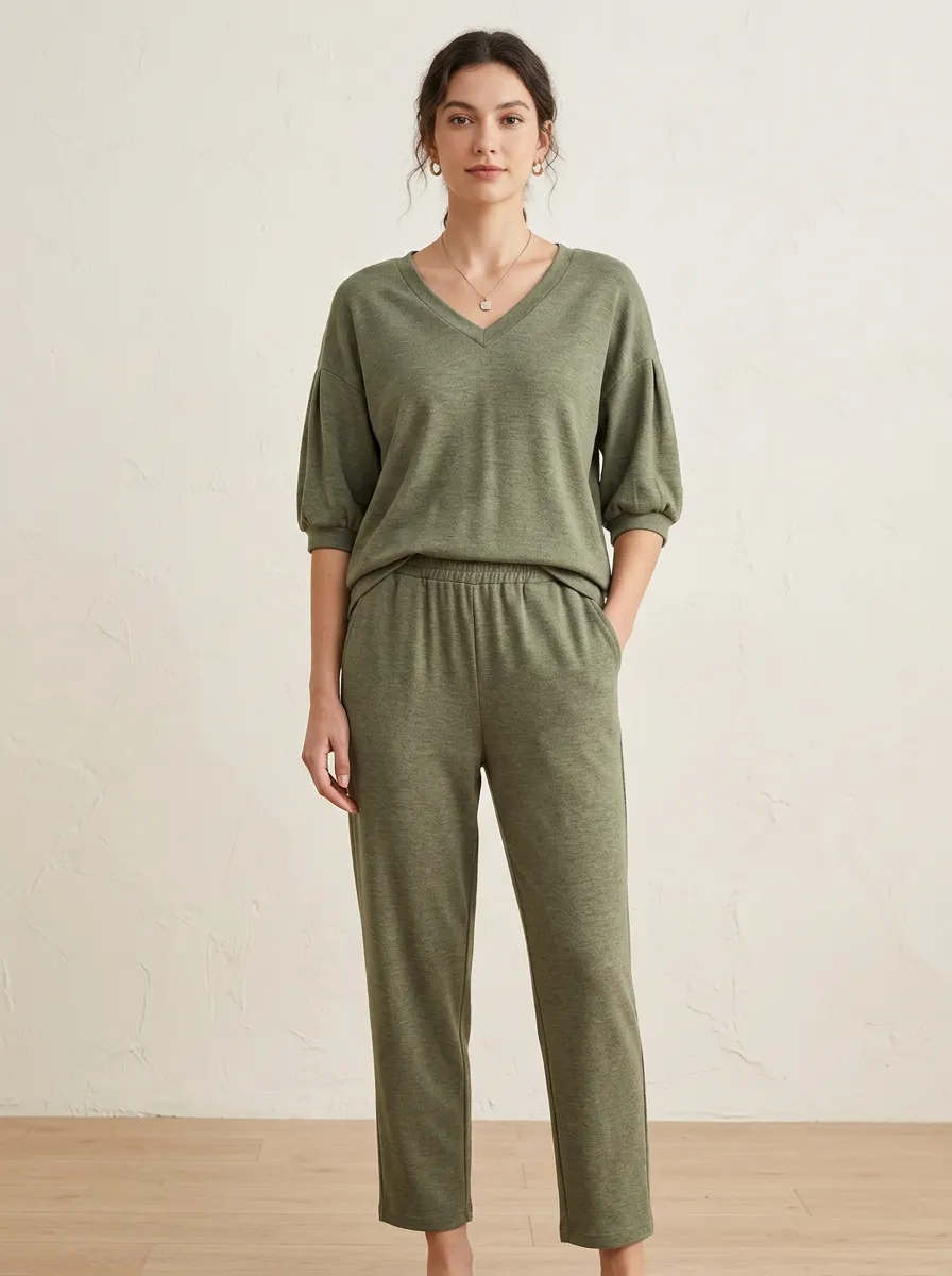 Short-Sleeve Ribbed Puff-Sleeve Women's V-Neck Shirt