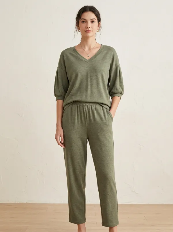 Short-Sleeve Ribbed Puff-Sleeve Women's V-Neck Shirt
