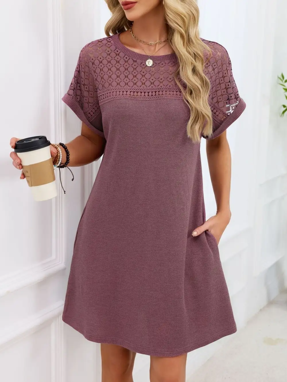 Lace Round Neck Short Sleeve Shirt Dress
