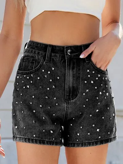 Rhinestone Washed High Waist Shorts Denim Pants