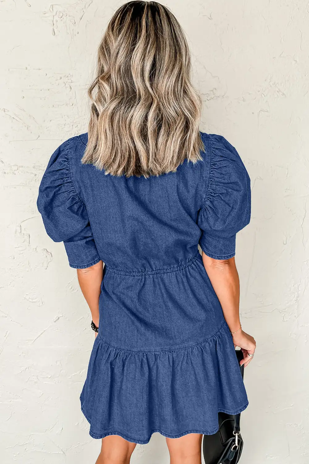 Drawstring High Waist Puff Sleeve Denim Mini Dress
