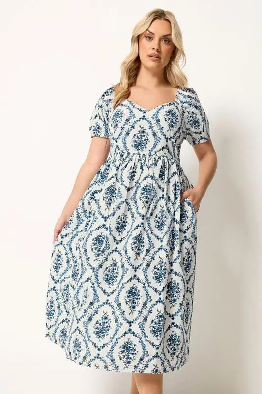 White & Blue Floral Linen Midaxi Dress