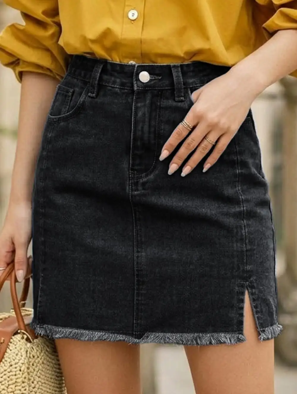 Denim Washed Slit Hem Mini Skirt