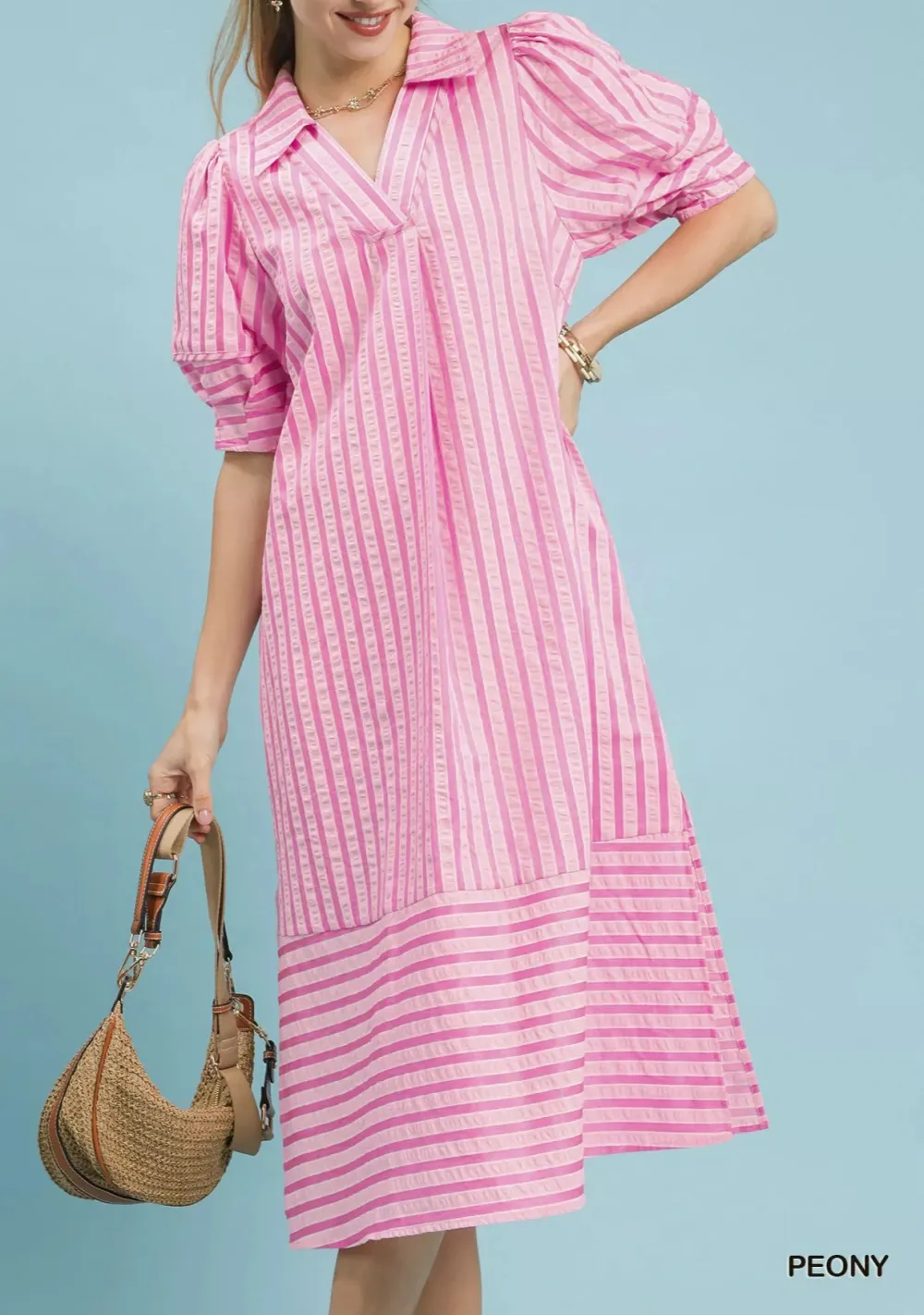 Everyday Striped Puff Sleeve Pocketed Midi Dress