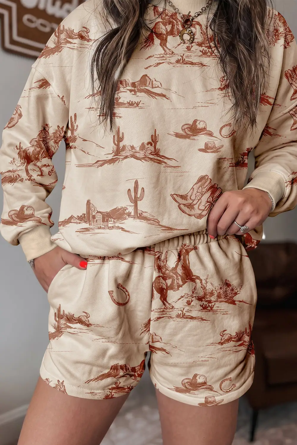 Women's Western Print Loose Fit Long Sleeve Top Short Set