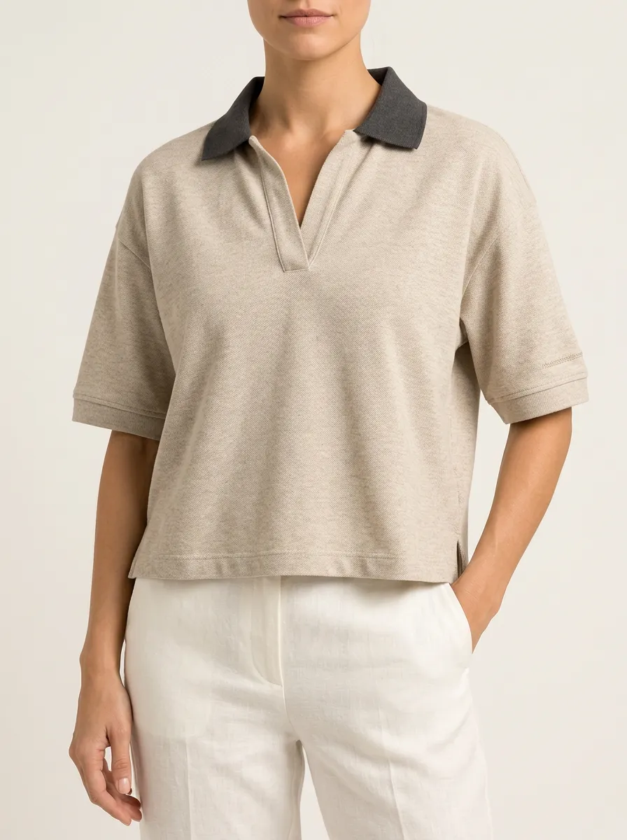 Women's Beige Polo Featuring a Contrasting Collar