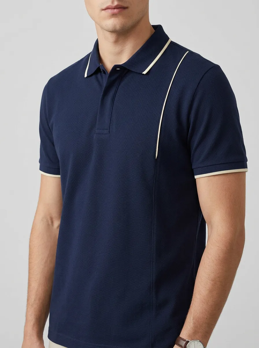 Men's Navy Blue Contrast Piping Trim Printed Polo Shirt
