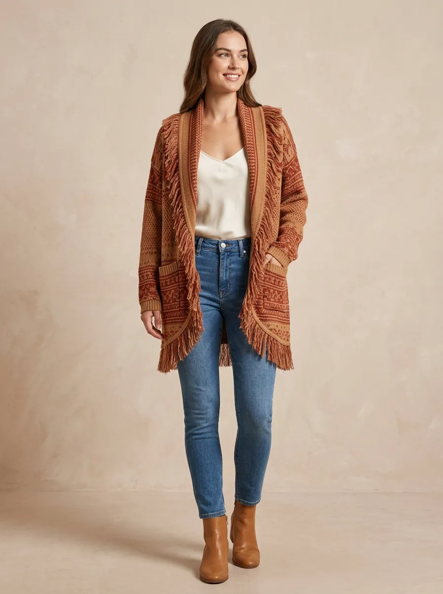 Women's Rust Patterned Fringe Open-Front Cardigan Open-Front