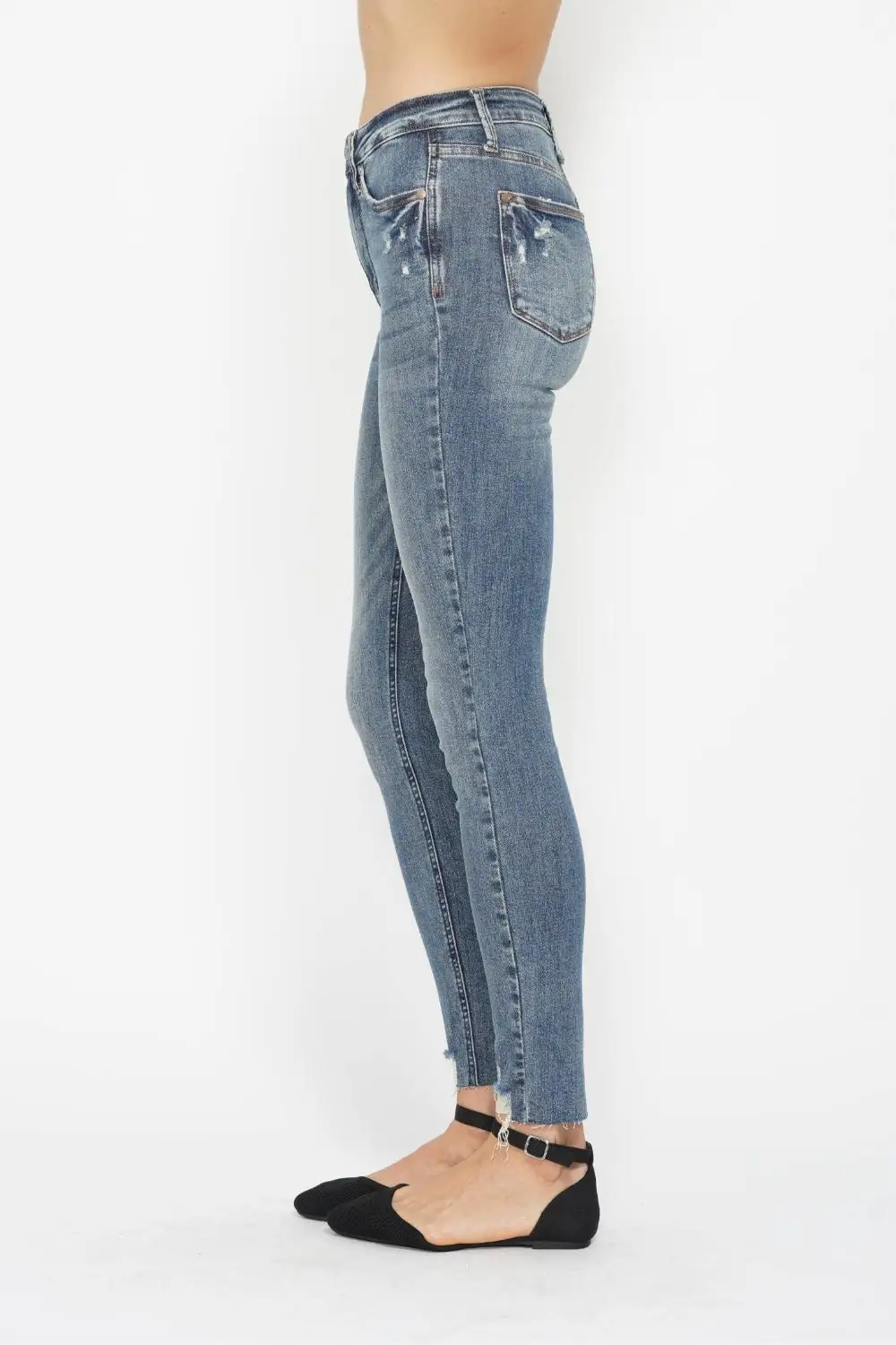 Tummy Control Vintage Wash Hem Destroy Denim Jeans