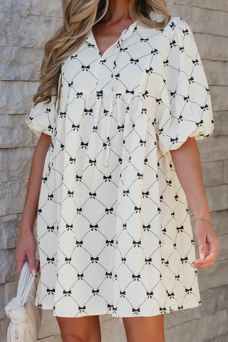 Bowtie Pattern Textured Puff Half Sleeve Loose Mini Dress