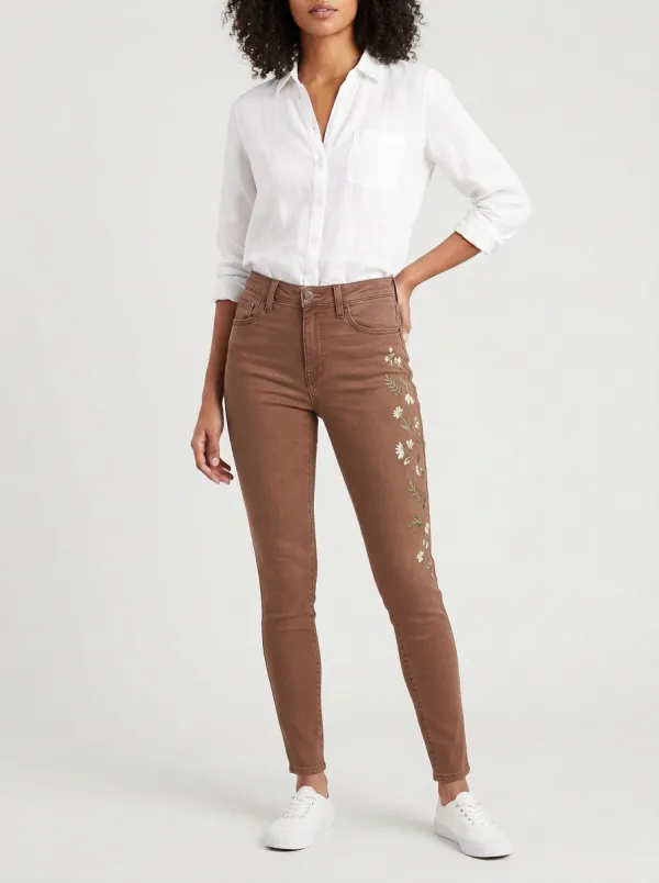 Women's Sterling Floral Daisy Embroidered Graphic Slim Jeans