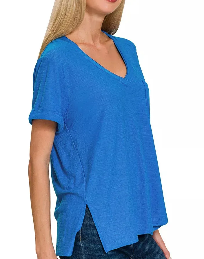 Slub Rolled Short Sleeve V-neck Tee