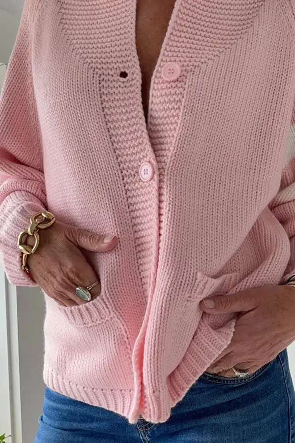 Pink Striped V-Neck Knit Cardigan