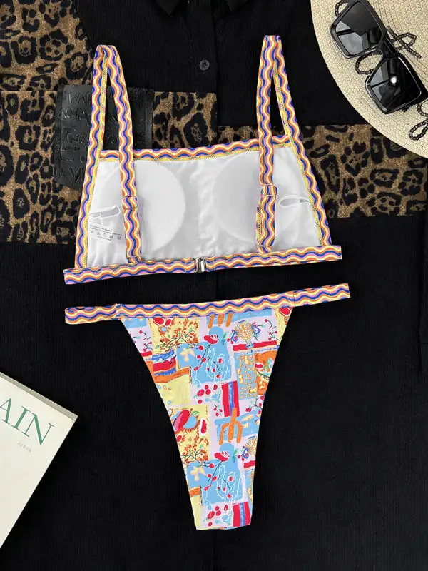 One Piece Bandeau Colorful Ethnic Print Swim Set