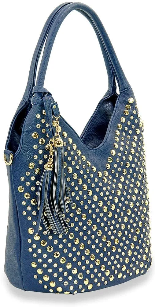 Classic Detail Studded Crystal Accent Pocketed Faux Leather Shoulder Bag