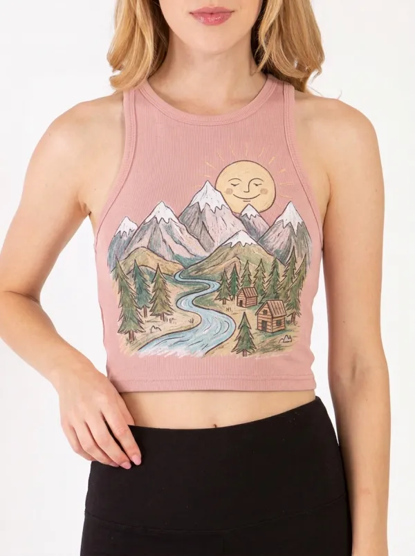 Women's Nature Mountain River Cabin Graphic Crop Tank Top