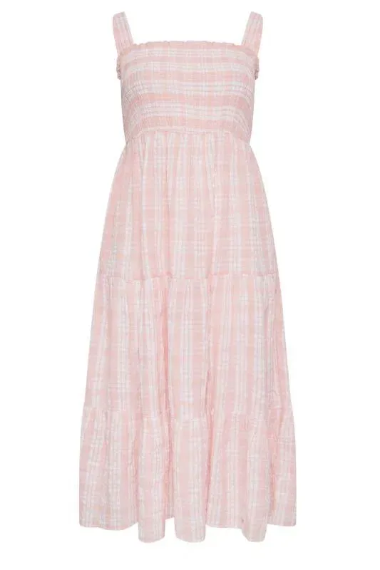 Pink Check Print Shirred Strappy Sundress