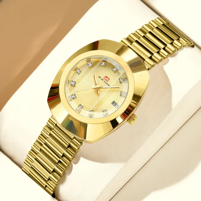 Couple Quartz Watch, Gold Tone Diamond Inlaid Waterproof Stainless Steel Wrist Watch