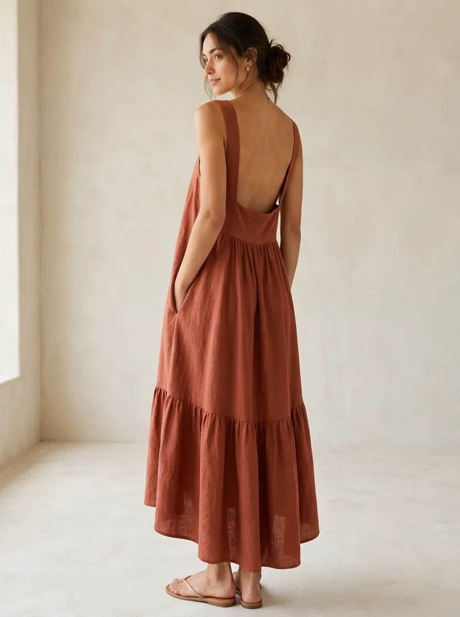 Women's Bohemian Casual Tiered Linen Maxi Backless Dress